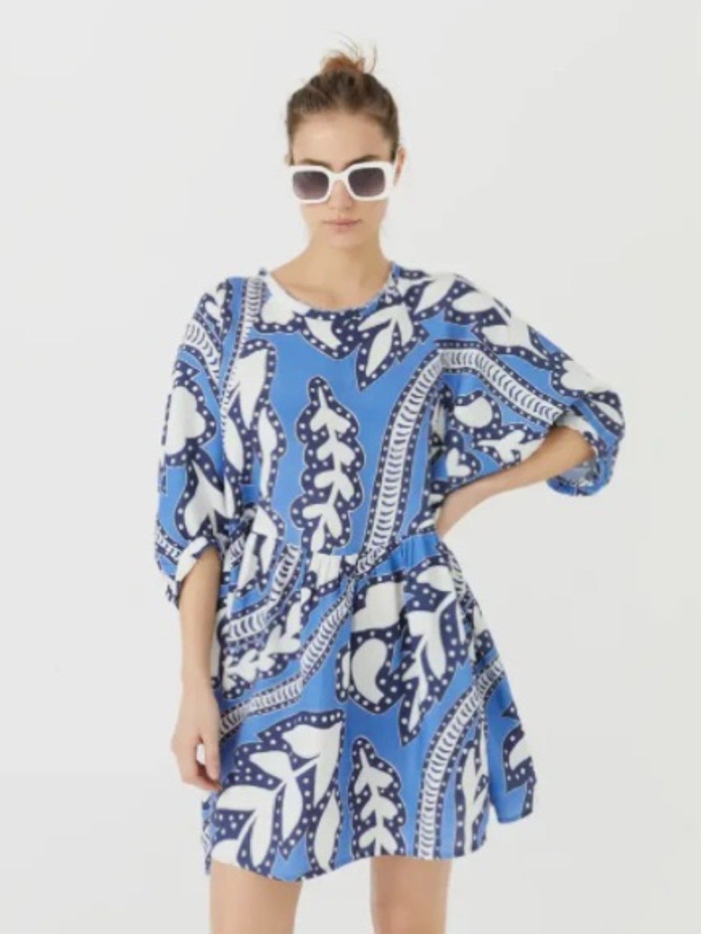 Lanthropy Blue and White Printed Short Dress